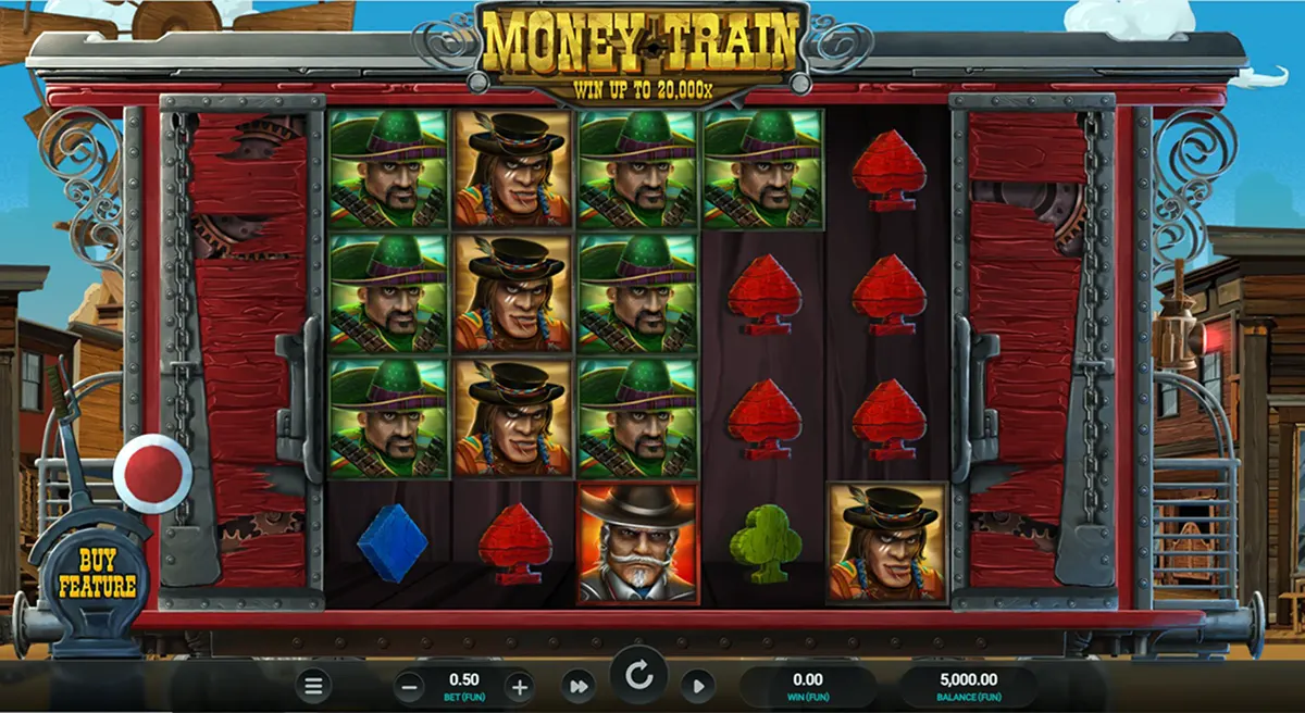 Screenshot of the Money Train slot game showing a Wild West train-themed reel set with outlaw character symbols, card-suit icons, and a “Buy Feature” lever on the left, plus bet and balance controls along the bottom.